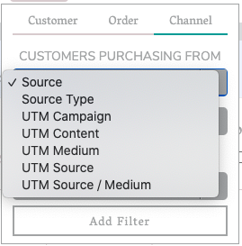 Channel filter property selector dropdown