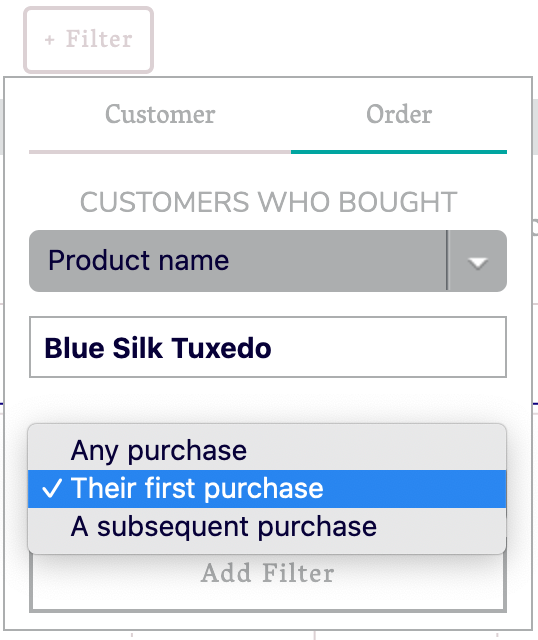 Purchase timing options: any, first, or subsequent purchase